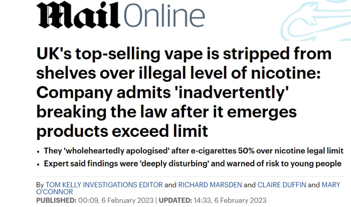 Company admits 'inadvertently' breaking the law after it emerges vapes  exceed limit