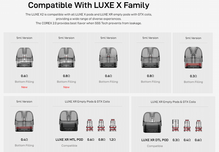 luxe x2 pod options