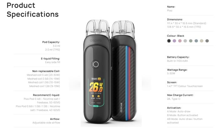 aspire pixo specs